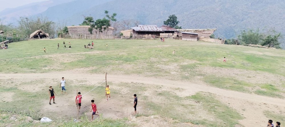 Youths playing sepak takraw game at Ponuyiu Village in Myanmar.